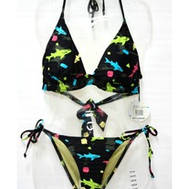 M 2pcs black neon green blue pink shark print pop color string bikini two piece swimsuit set