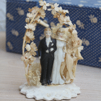 Vintage Chalkware and Bisque Bride and Groom Cake Topper - Millinery Flower Arch