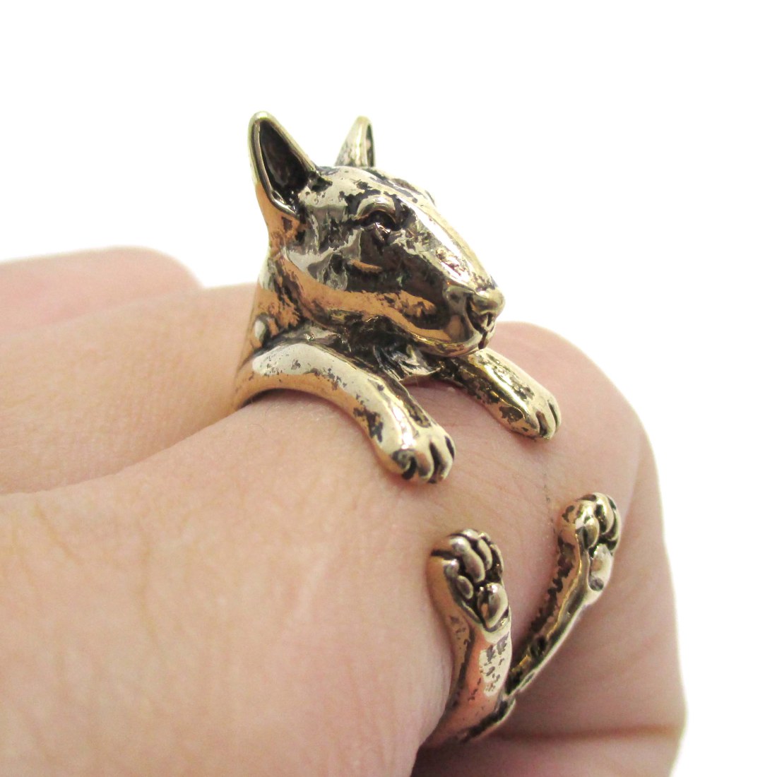 3D Bull Terrier Puppy Dog Animal Wrap Ring in Shiny Gold Sizes 5 to 9