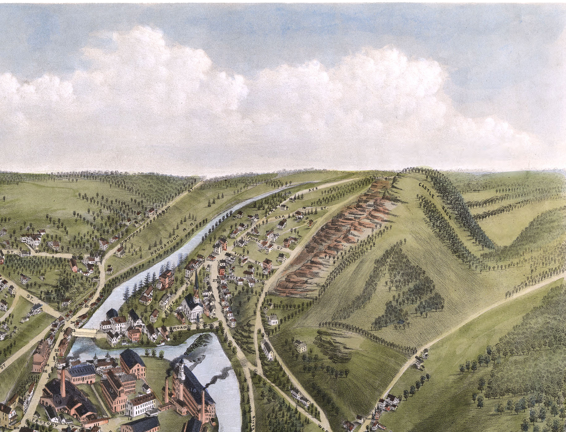 Seymour, Connecticut in 1879 Bird's Eye View Map, Aerial, Panorama