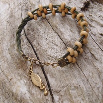 Green Leather and Antique Gold Bracelet with Bone Beads