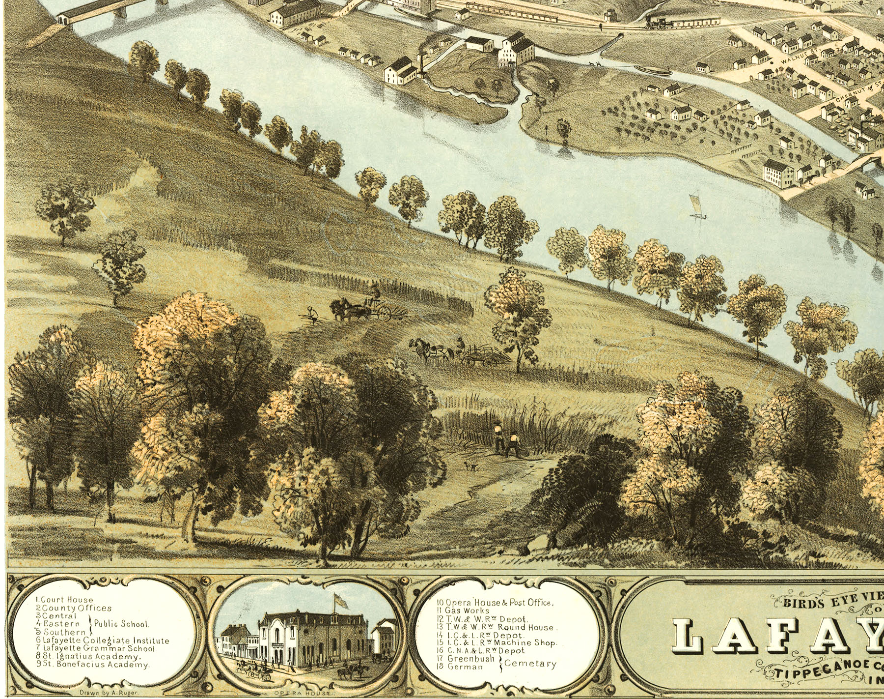 Lafayette, Indiana in 1868 Bird's Eye View Map, Aerial, Panorama