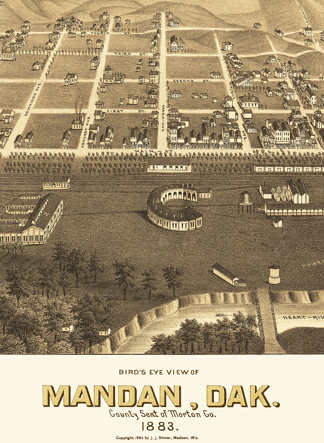 Mandan, North Dakota in 1883 Bird's Eye View Map, Aerial, Panorama