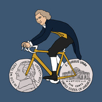 Thomas Jefferson on bike with nickel wheels, 5x5 print