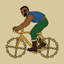 Mr. T riding bike with gold chain wheels, 5x5 print