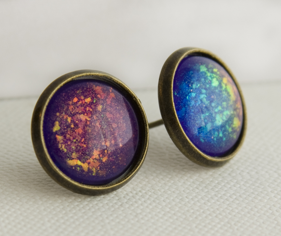 Supernova Cosmic Rainbow Holographic Post Earrings in Antique Bronze on