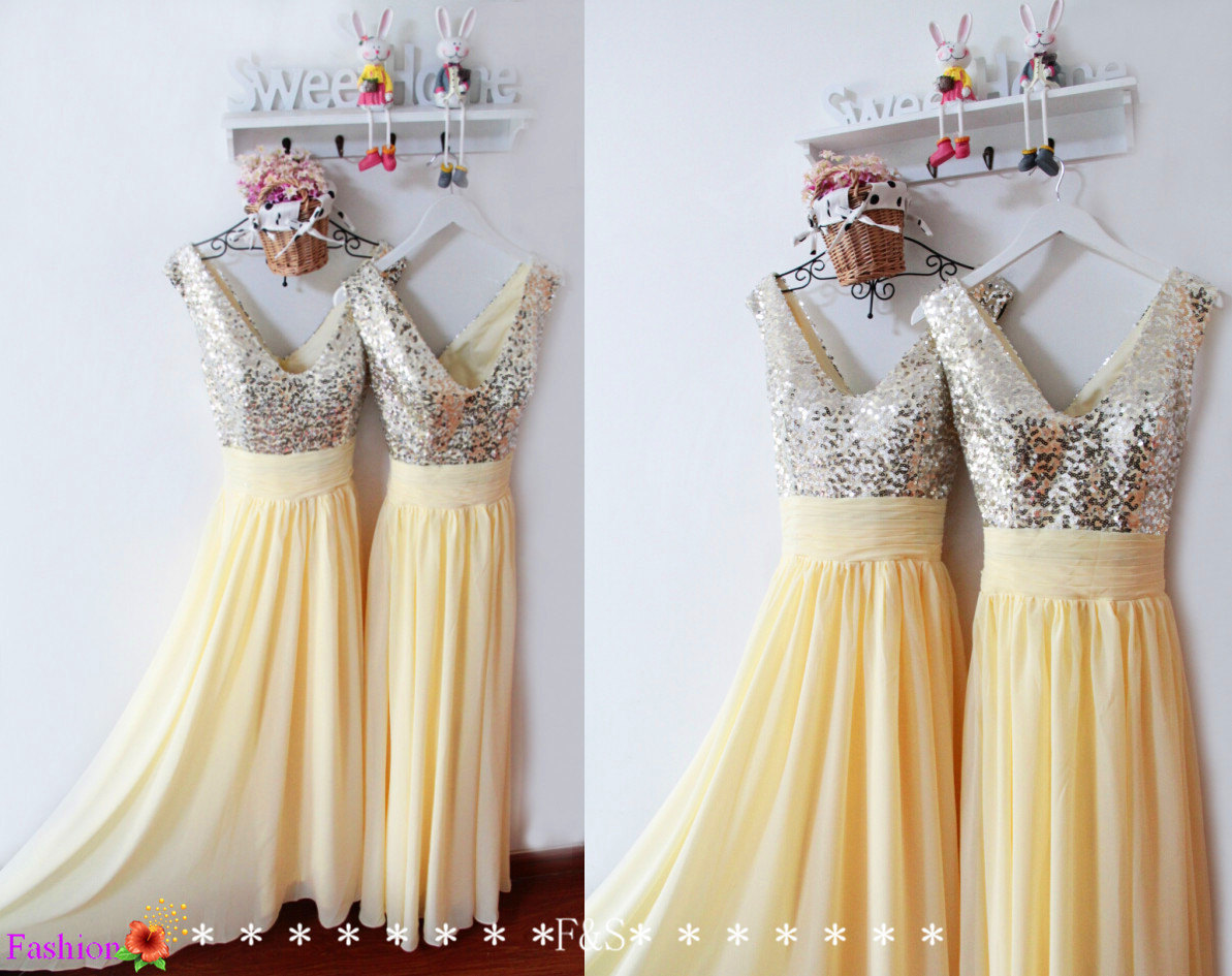 Long Prom Dress,Sequin Yellow Prom Evening Dress,Sexy Sequin Bridesmaid