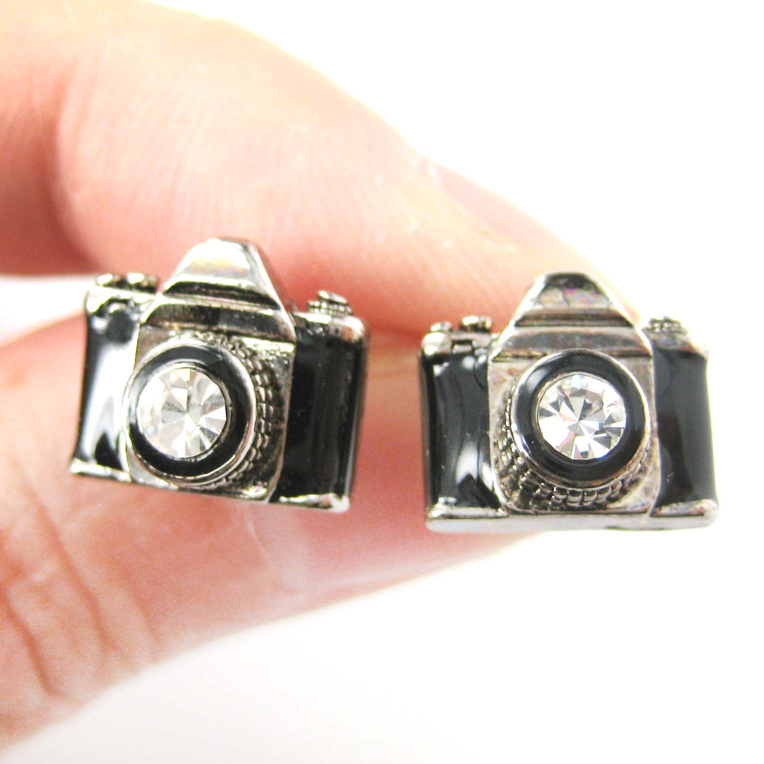 Tiny Camera Stud Earrings in Black on Silver with Rhinestone Lens on