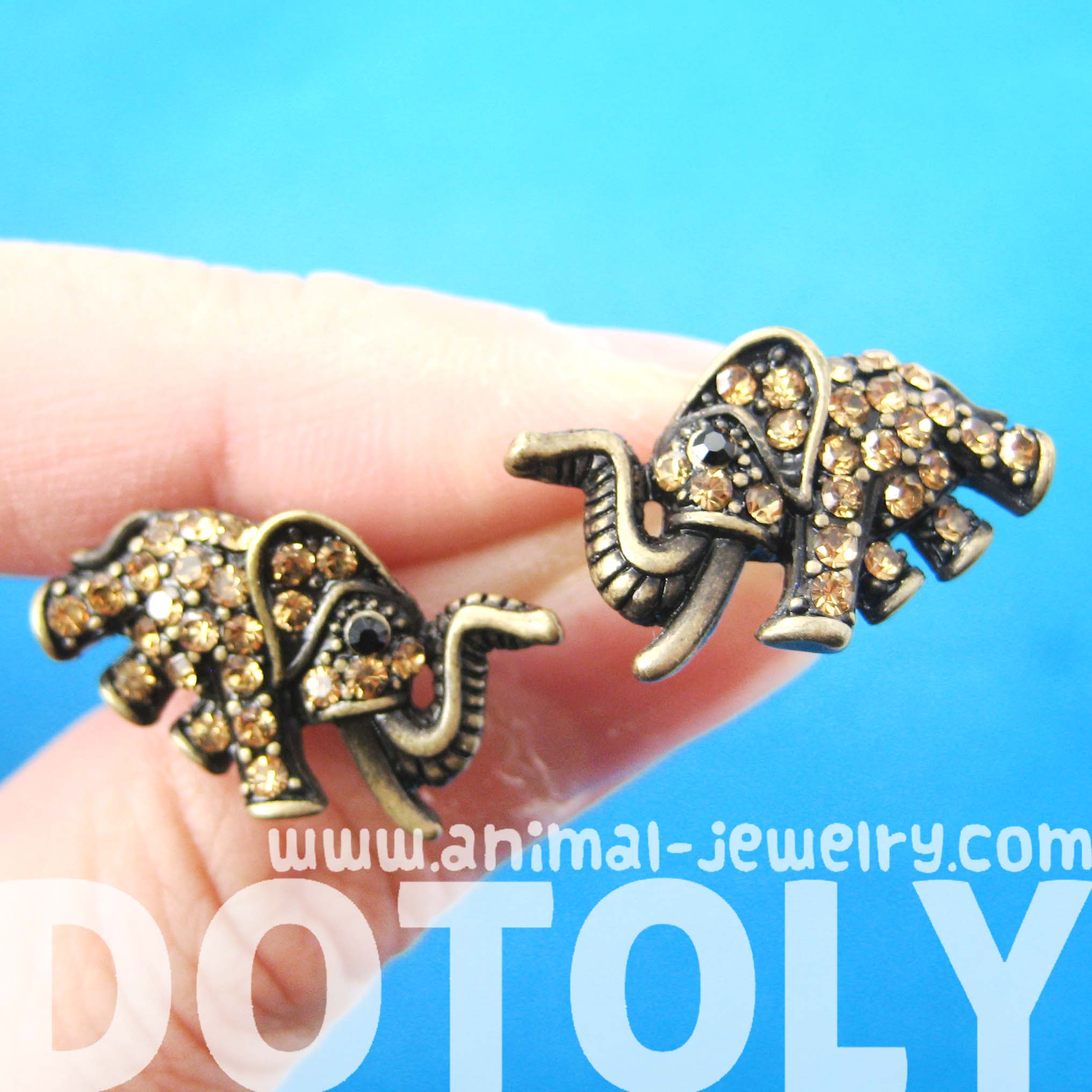 Unique Elephant Animal Stud Earrings in Bronze with Rhinestones