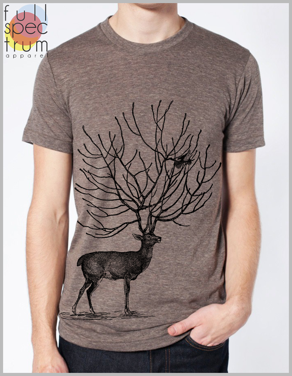T Shirt Mens Deer and Bird Nature Animal Tee American Apparel Unisex ... T Shirt Mens Deer and Bird Nature Animal Tee American Apparel Unisex XS, S,