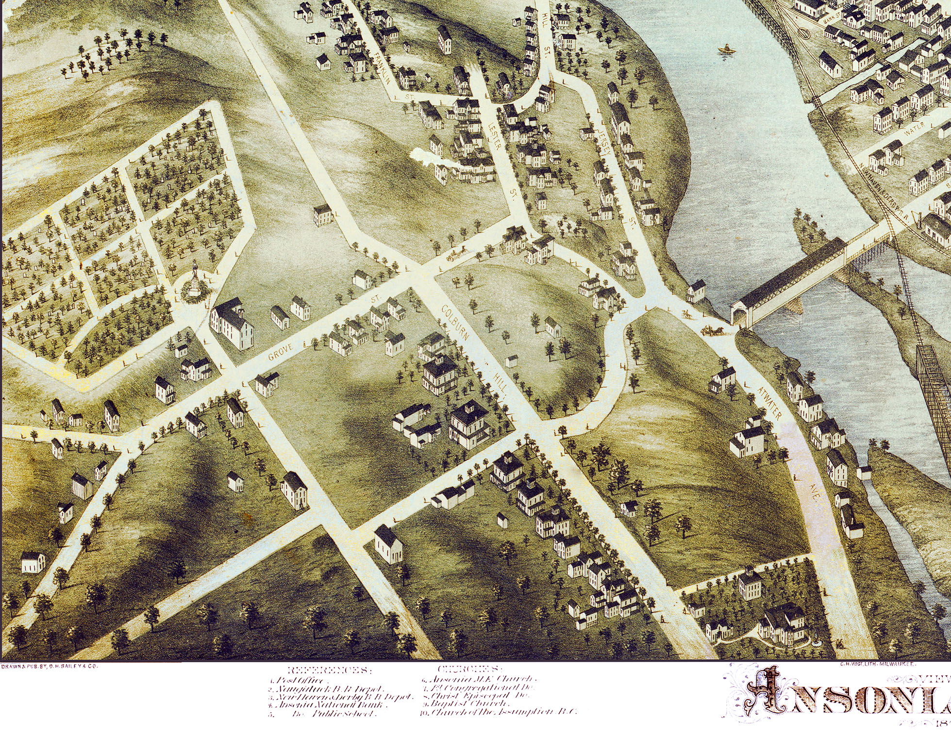 Ansonia, Connecticut in 1875 Bird's Eye View, Aerial, Panorama, Vintage, Antique, Giclée, Fine