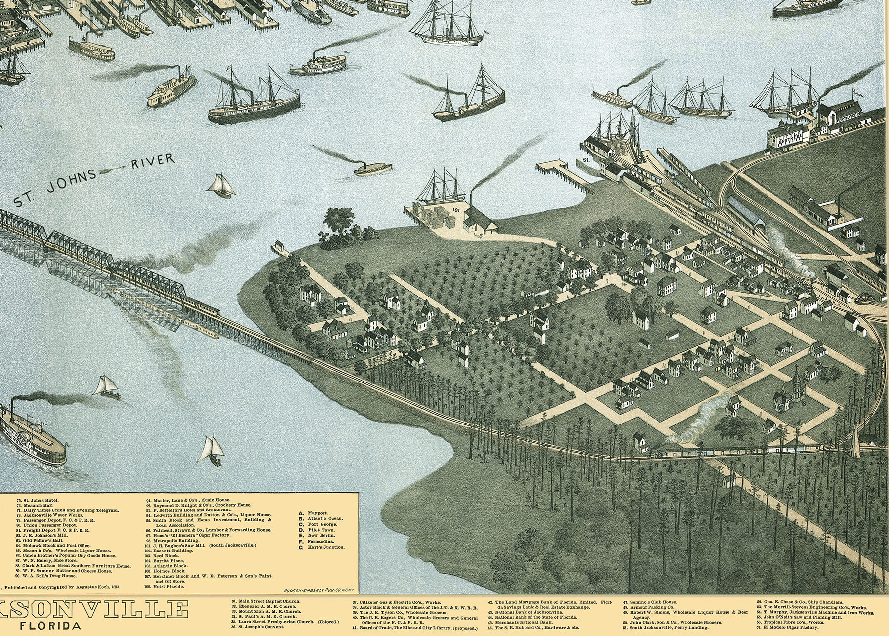 Jacksonville, Florida in 1889 Bird's Eye View, Aerial, Panorama