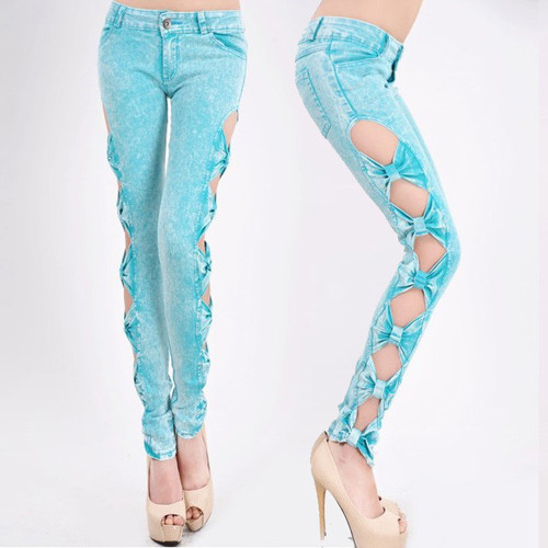 SIDE CUTOUT BOW DENIM SKINNY JEANS on Storenvy