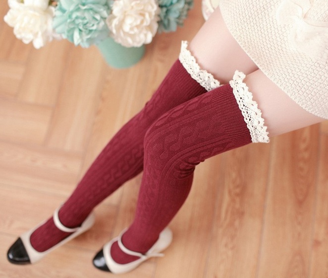 Lace Red Maroon High Knee Socks Thigh on Storenvy