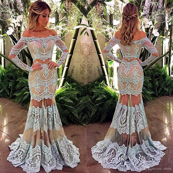 2017 Sexy See Through Prom Dress,Lace Evening Dress,Long Sleeves Party
