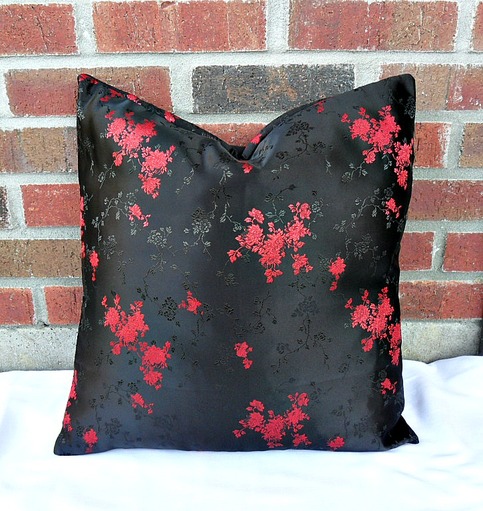 Decorative Throw Pillow Cover-Brocade Small Red Mum on Black on Storenvy