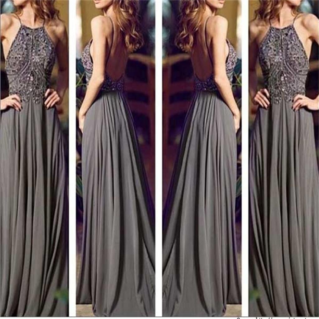 Backless Dark Grey Prom Dress with Thin Strap, Prom Dresses,Graduation