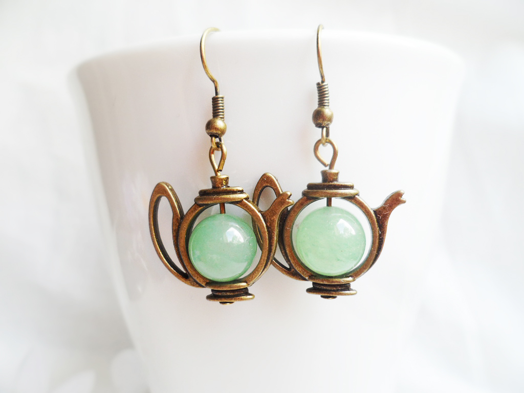 Quirky brass teapot earrings with green aventurine crystal pearls, antique style brass, vintage