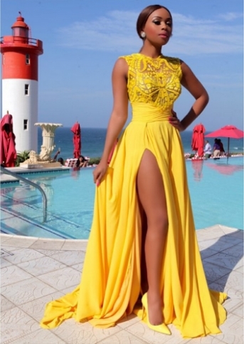 yellow and black formal dress