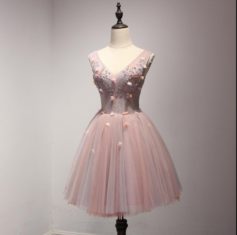 V neck dress, short dress, pink dress