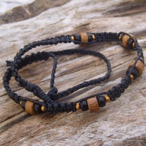 Macrame Black Hemp Choker with Wood and Glass Beads