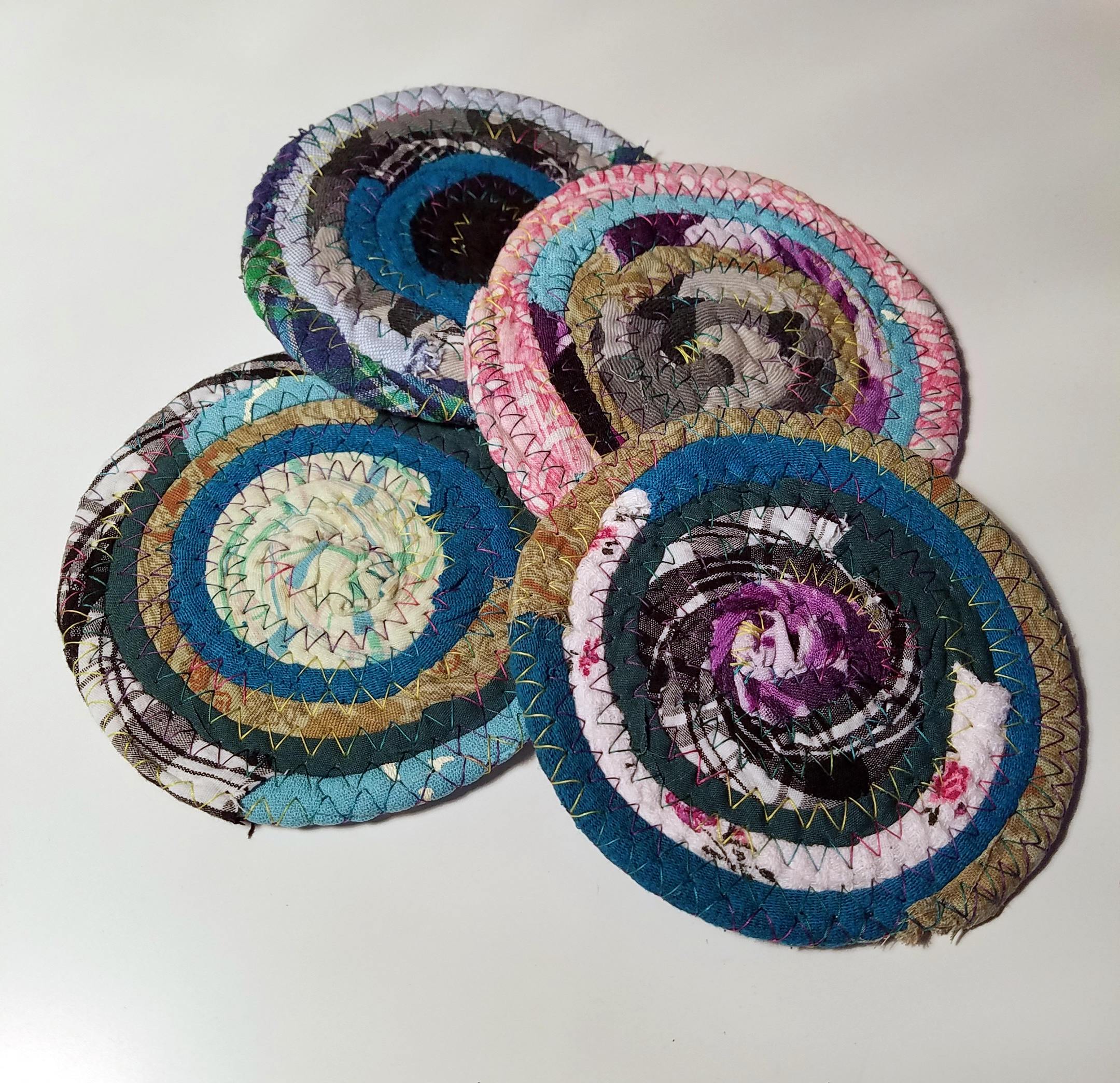 Fabric Coasters Multicolors, Set of 4 Handmade, Hippie, Unique Cloth