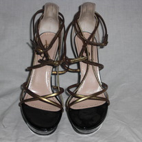 YSL heels strappy sandals 3 color block black patent gold size 6 