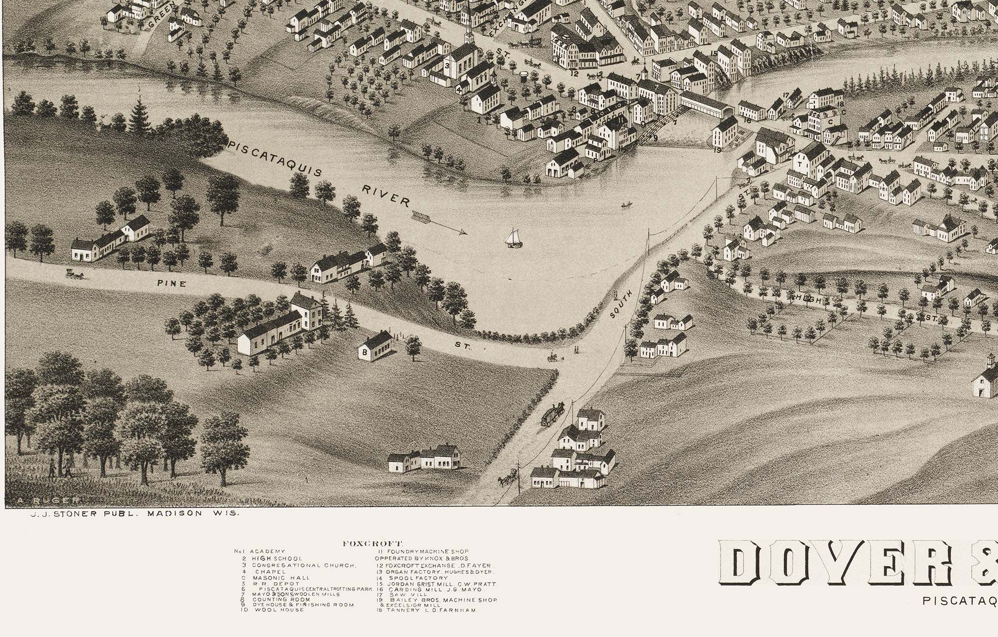 Dover & Foxcroft, Maine in 1878 Bird's Eye View Map, Aerial, Panorama