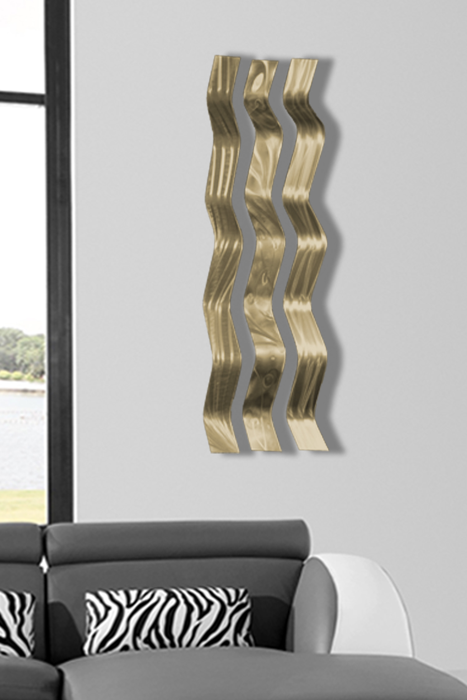 Harmony Gold Metal Wall Sculpture Art, Wavy Pieces, Abstract Contemporary Modern Aluminum Decor