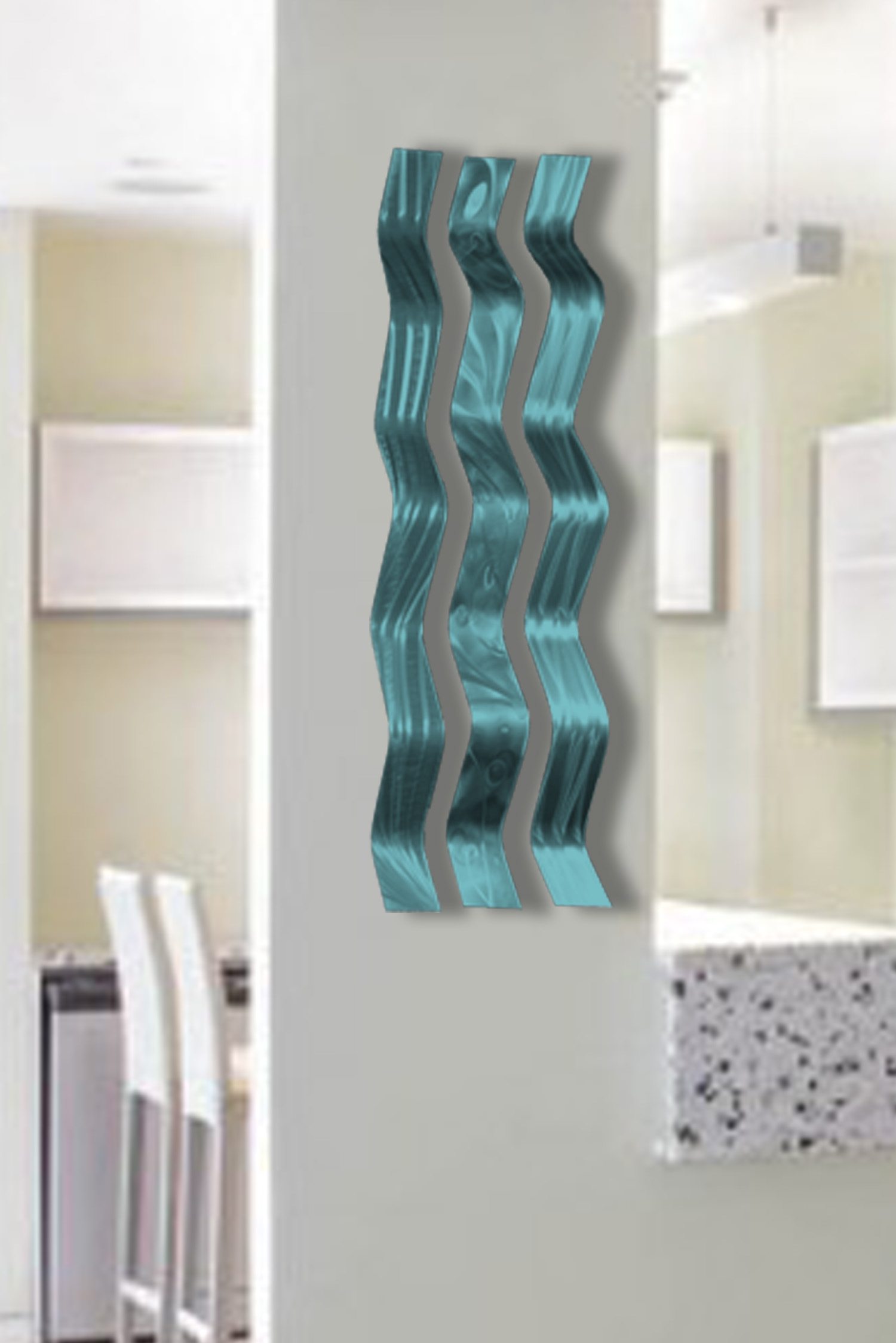 Harmony Teal Metal Wall Sculpture Art, Wavy Pieces, Abstract