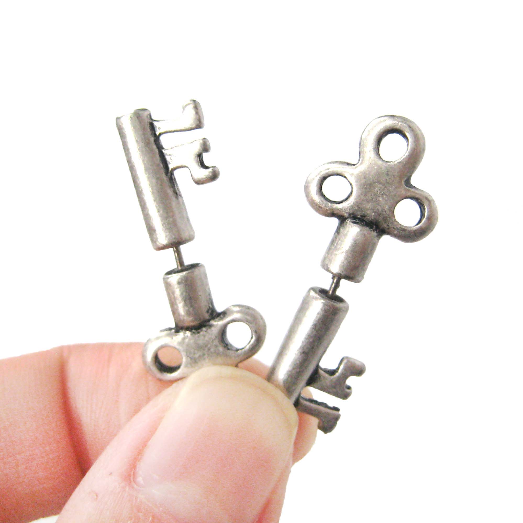 3D Fake Gauge Realistic Antique Key Shaped Stud Earrings in Silver on Storenvy