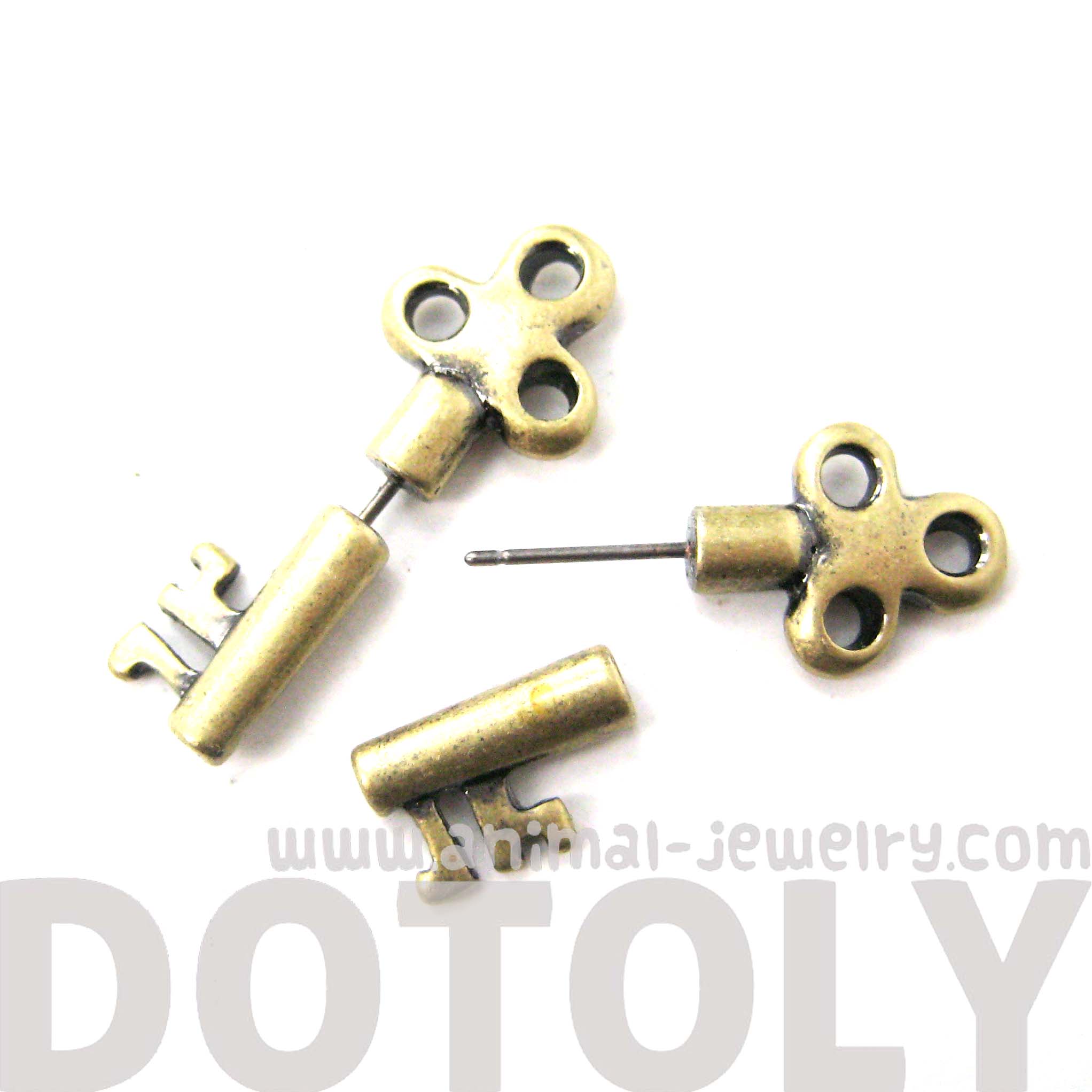 3D Fake Gauge Realistic Antique Key Shaped Stud Earrings in Brass · DOTOLY Animal Jewelry · The