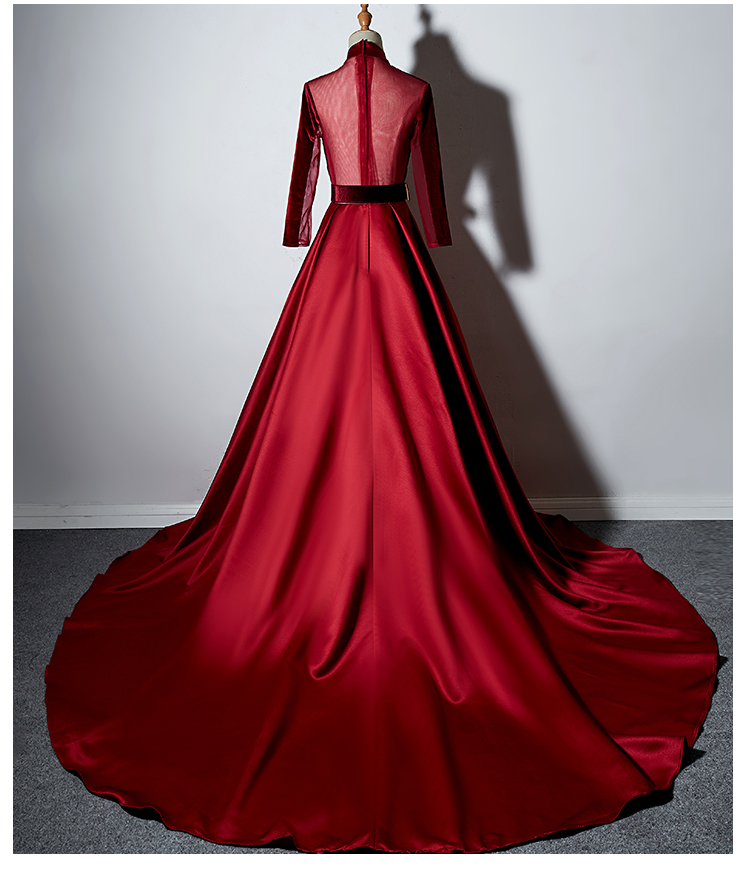 Lovely Red Satin Long Sleeves Formal Dress, Wine Red Prom Dress