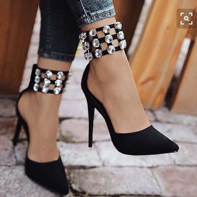 Black pointed toe crystals ankle strap pumps f8760