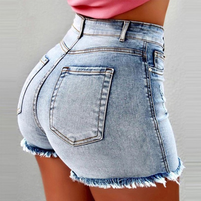 High waist fringe hem casual denim shorts