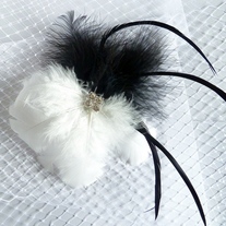 Black and White Feather Hair Fascinator with Rhinestone Center  - Thumbnail 1