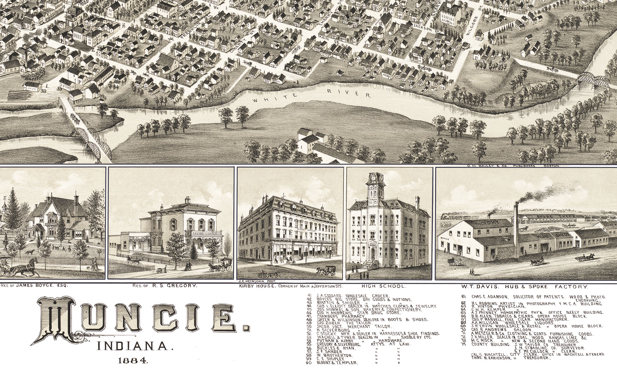 Muncie, Indiana in 1884 Bird's Eye View Map, Aerial Map, Panorama, Vintage map, Antique map