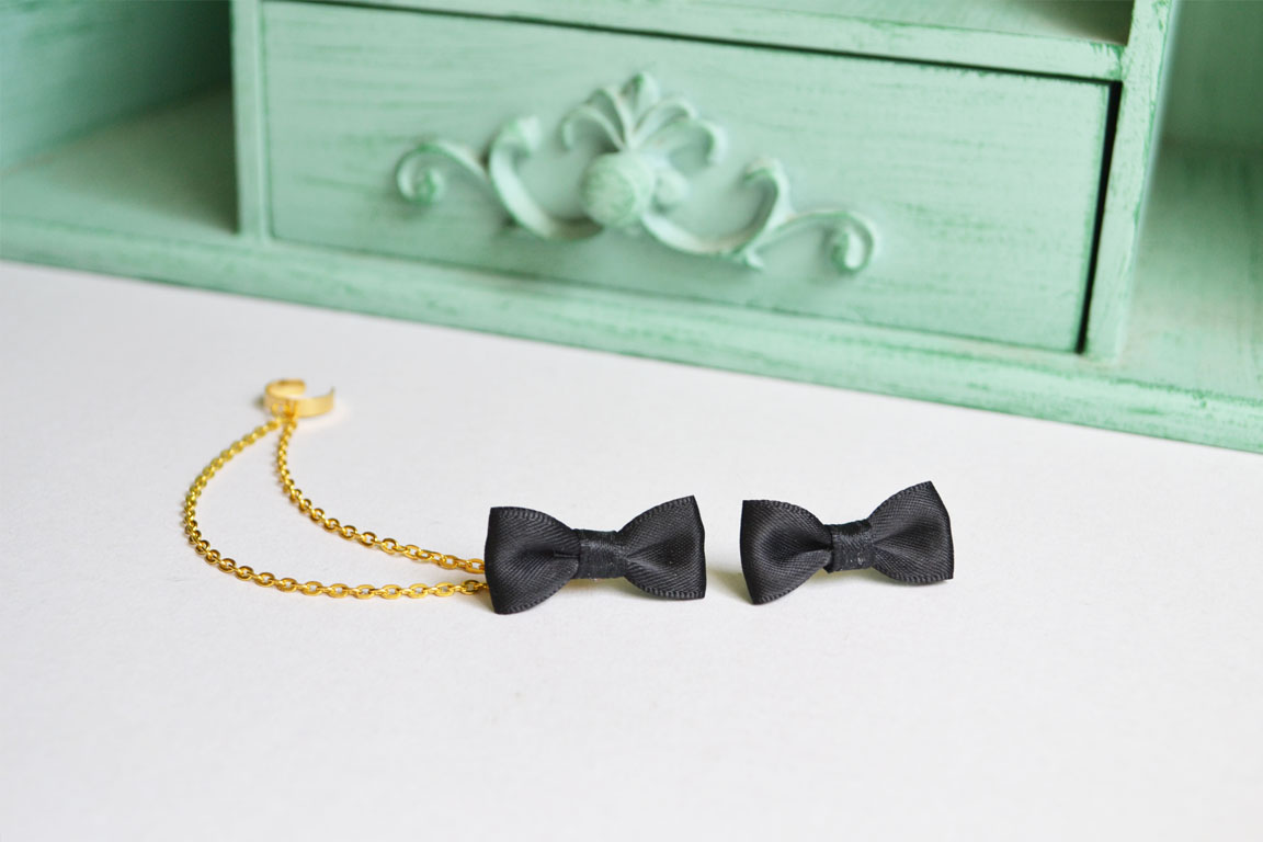 Black Satin Ribbon Bow Gold Double Chain Ear Cuff (Pair) on Storenvy
