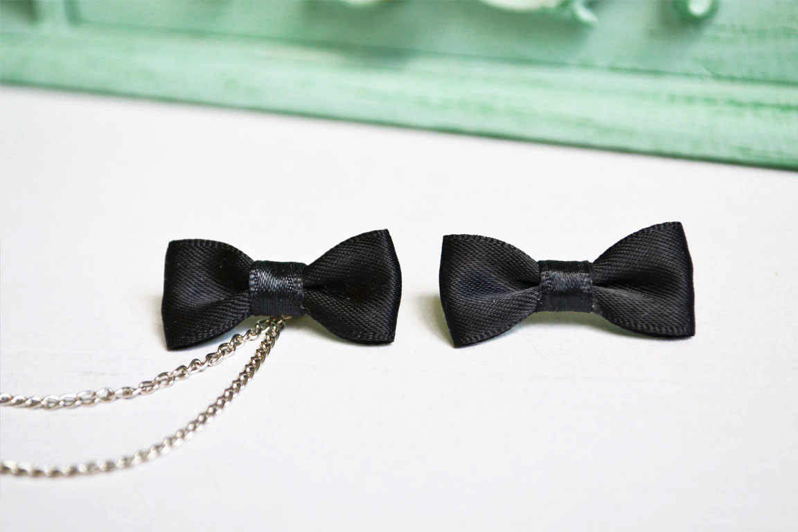 Black Satin Ribbon Bow Silver Double Chain Ear Cuff (Pair) on Storenvy