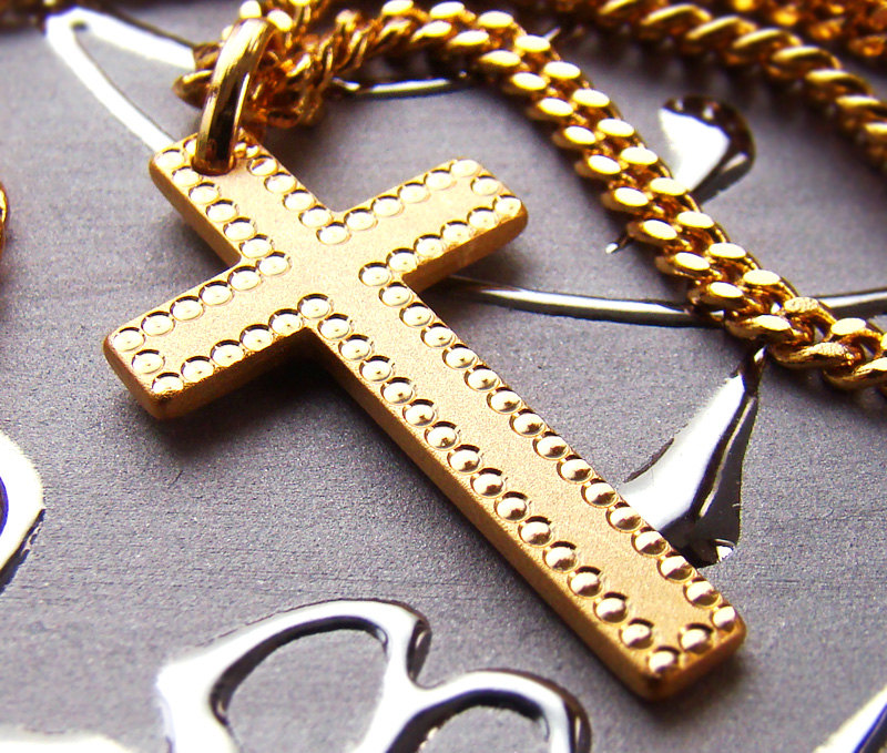 High Quality 18k Gold Plated Nano Injection Sytem Mens Engrave Small Cross Pendant Chain 