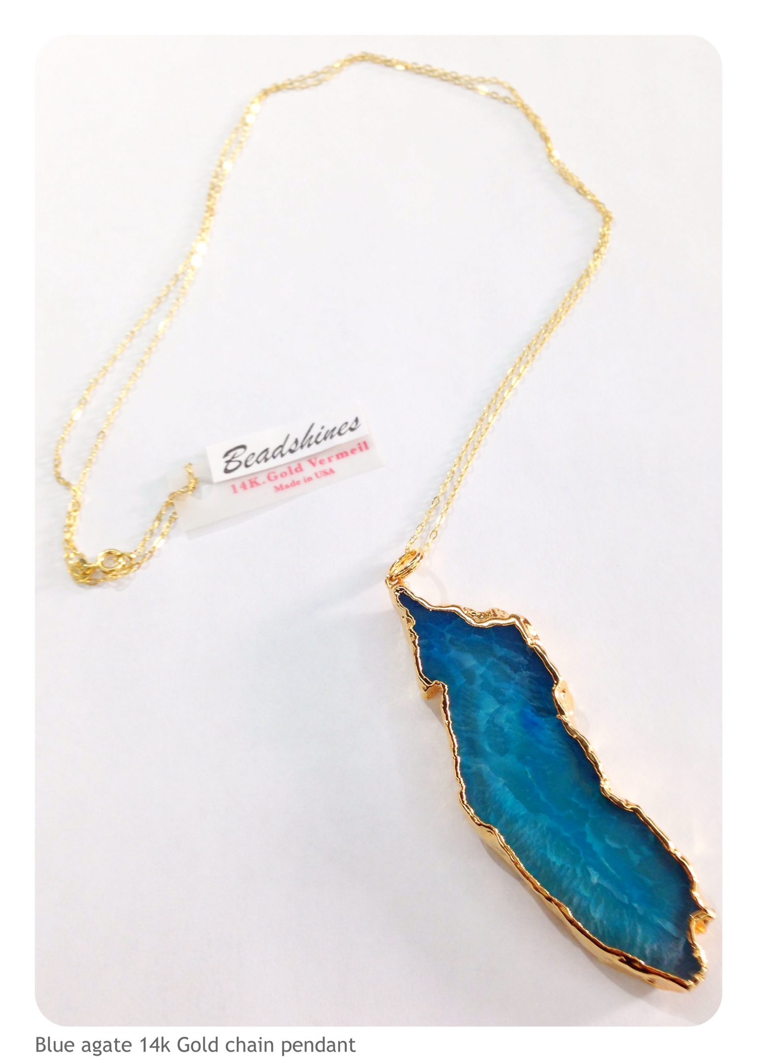 Blue Agate Quartz Slice 14K. Gold Vermeil Chain ...