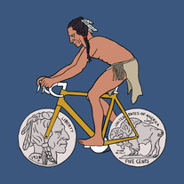 Indian riding bike with Indian Head Nickel wheels, 5x5 print