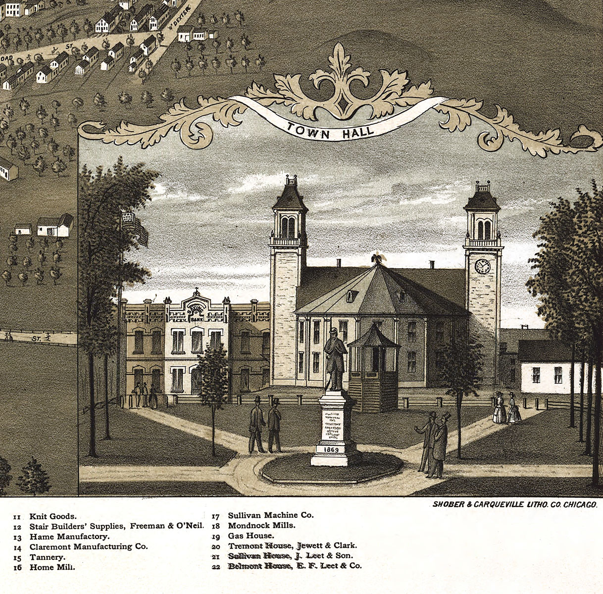 Claremont, NH in 1877 Bird's Eye View Map, Aerial, Panorama, Vintage