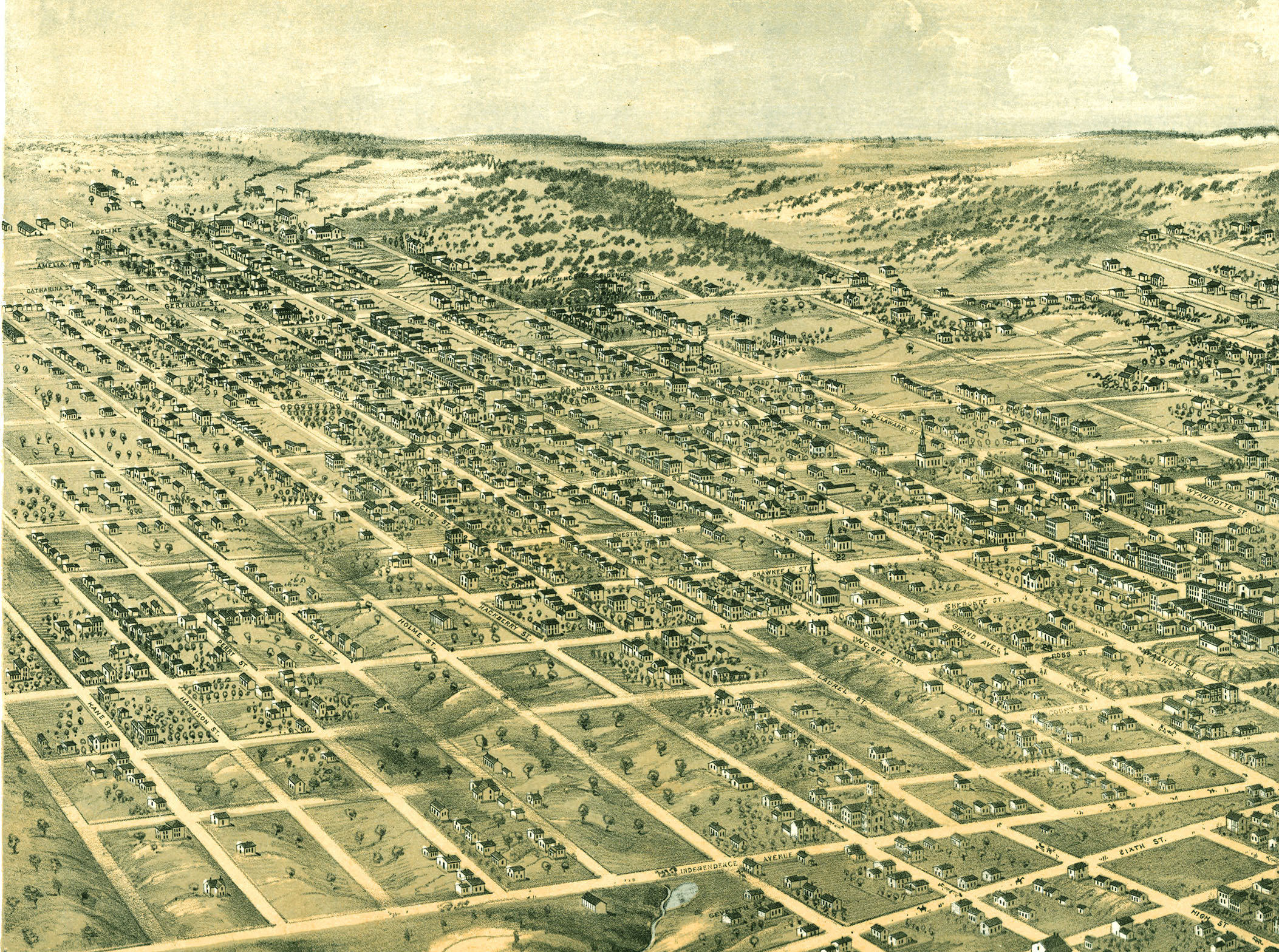 Kansas City, Missouri in 1869 Bird's Eye View Map, Aerial Map