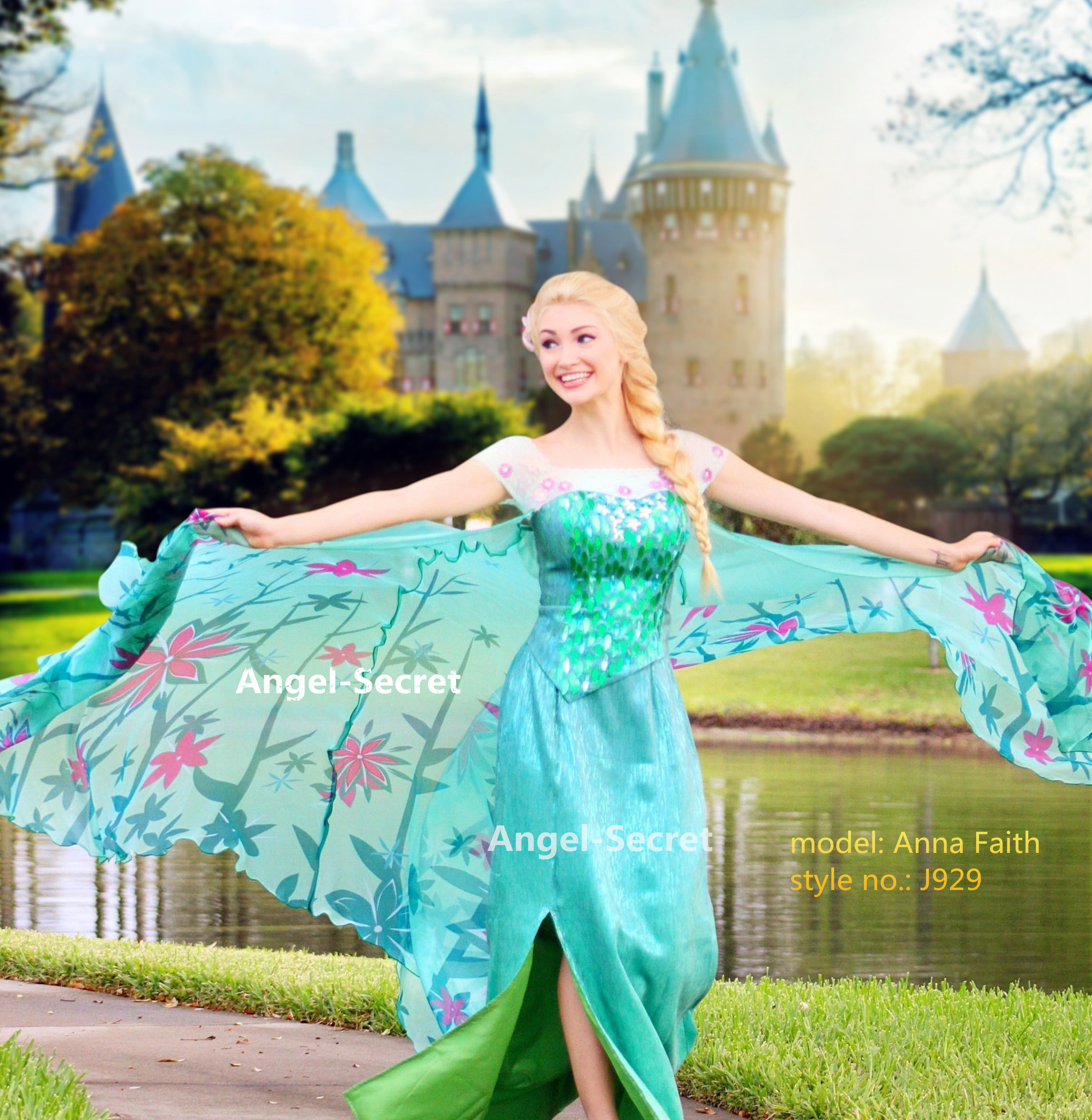 J929 FROZEN FEVER ELSA green dress. elsa dress green. 