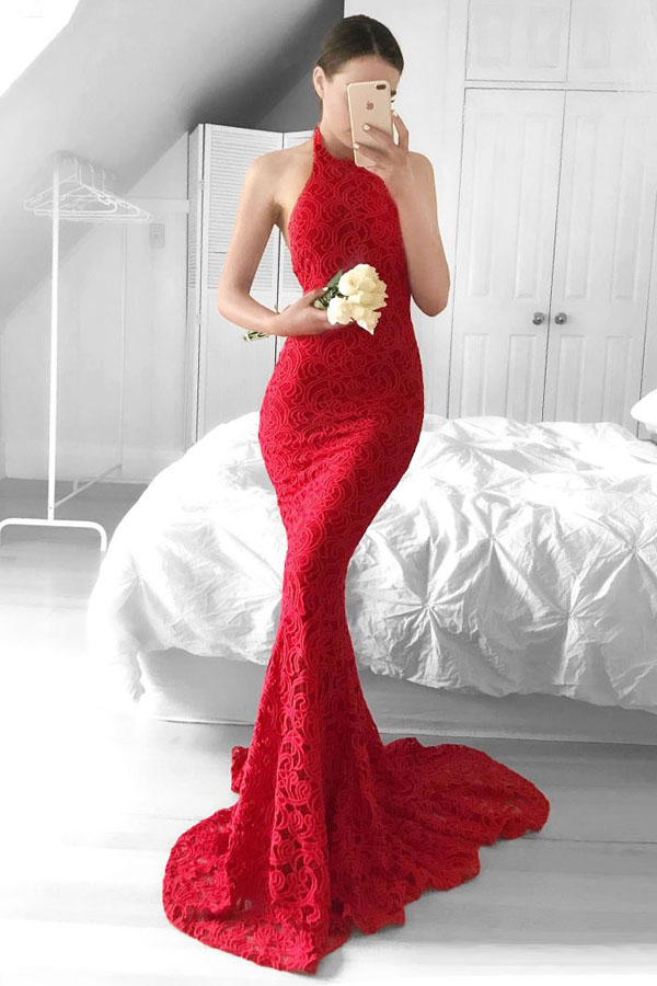 Black Lace Halter Prom Dress