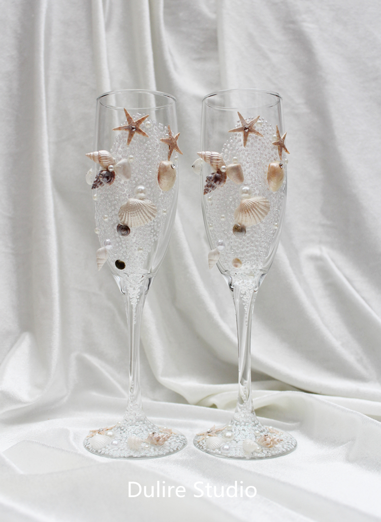 Handmade Wedding Champagne Glasses Decorated With Real Starfish Sea Shells Sea Glass And Pearls Dulirestudio Online Store Powered By Storenvy