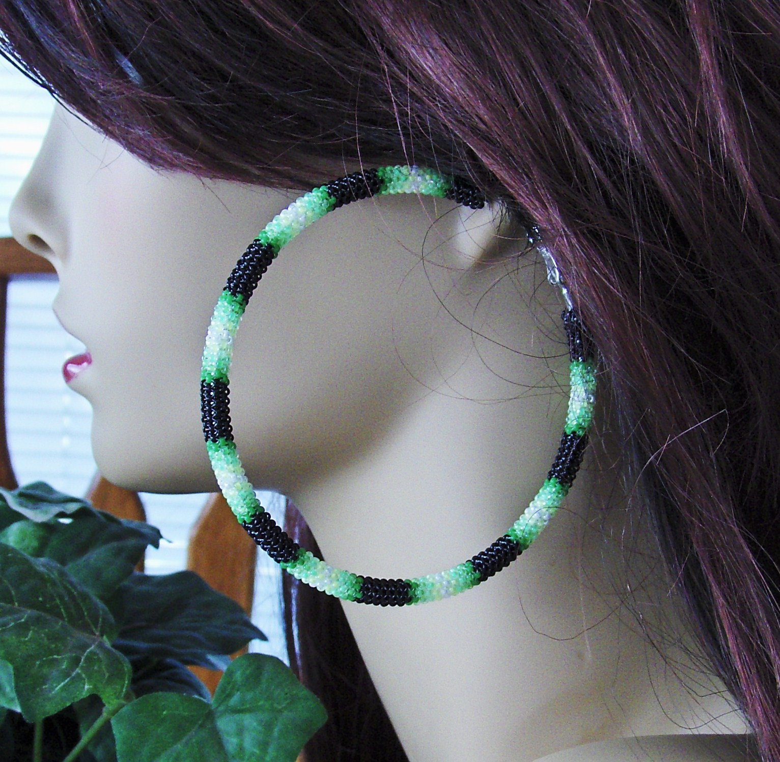 Black And Green Extra Large Beaded Hoop Earrings 3" Diameter on Storenvy
