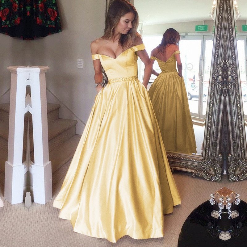 yellow satin prom dresses