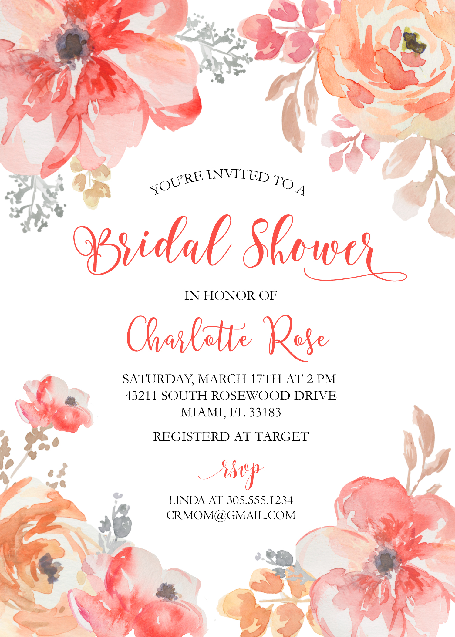 Watercolor Roses Bridal Shower Invitation Red Floral Blush